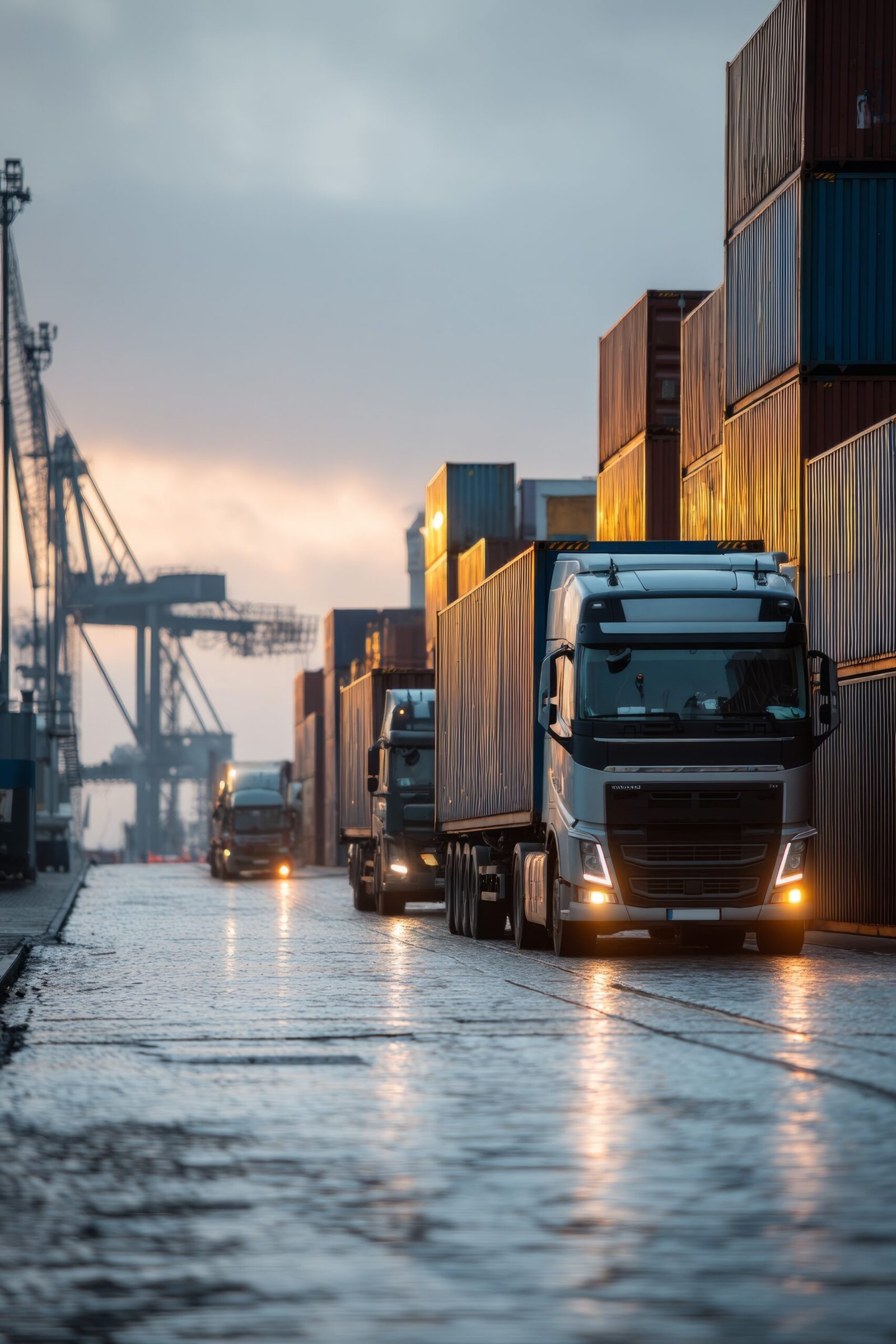 A shipping yard with containers being loaded onto trucks An AI platform is optimizing container packing and route planning The mood, Generative AI